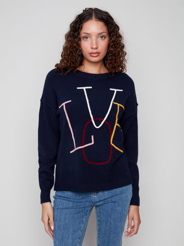 CHARLIE B C2840E LOVE SOUTACHE EMBROIDERED SWEATER
