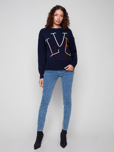 CHARLIE B C2840E LOVE SOUTACHE EMBROIDERED SWEATER