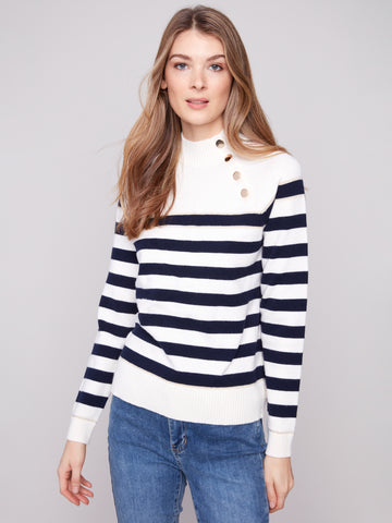 CHARLIE B C2849 STRIPED MOCK NECK SWEATER WITH BUTTON DETAILS