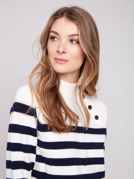 CHARLIE B C2849 STRIPED MOCK NECK SWEATER WITH BUTTON DETAILS