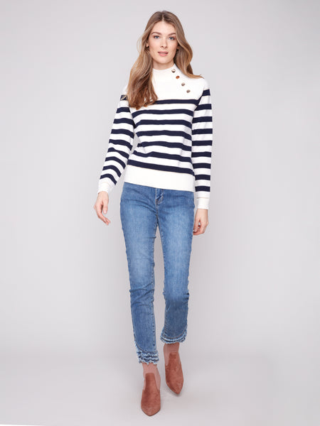 CHARLIE B C2849 STRIPED MOCK NECK SWEATER WITH BUTTON DETAILS