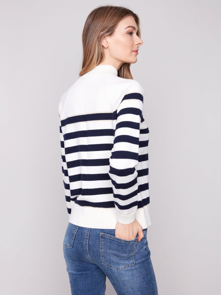 CHARLIE B C2849 STRIPED MOCK NECK SWEATER WITH BUTTON DETAILS