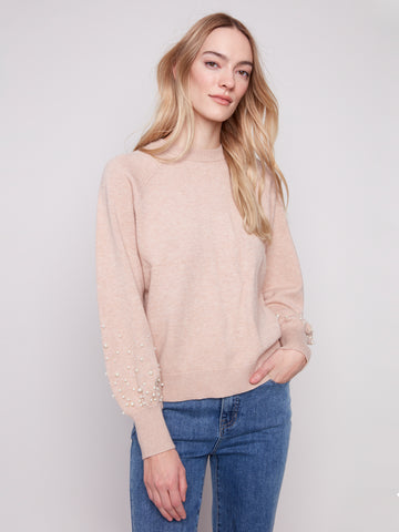 CHARLIE B C2850B CREW NECK SWEATER WITH PEARL DETAILS