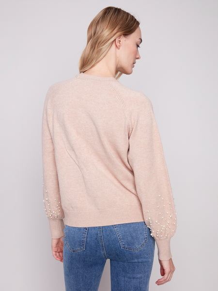 CHARLIE B C2850B CREW NECK SWEATER WITH PEARL DETAILS