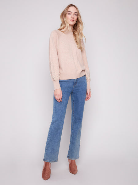 CHARLIE B C2850B CREW NECK SWEATER WITH PEARL DETAILS