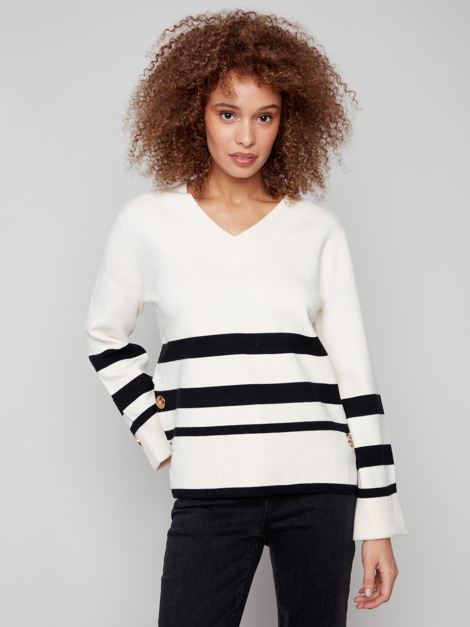 CHARLIE B C2852P STRIPE WIDE CUFF V-NECK SWEATER
