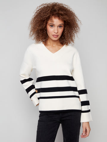 CHARLIE B C2852P STRIPE WIDE CUFF V-NECK SWEATER