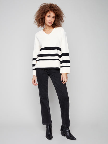 CHARLIE B C2852P STRIPE WIDE CUFF V-NECK SWEATER