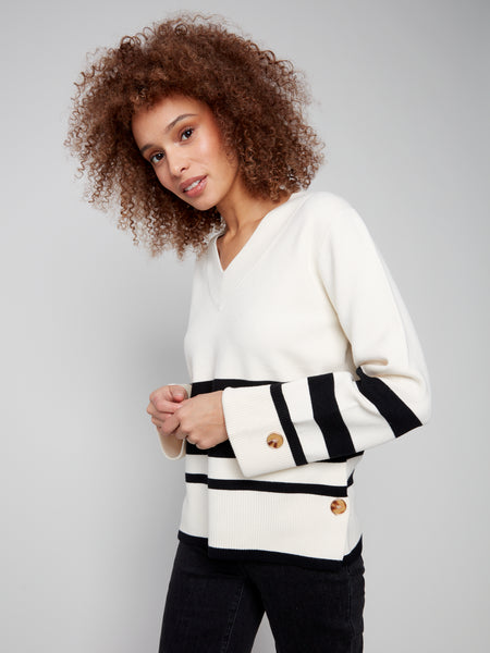 CHARLIE B C2852P STRIPE WIDE CUFF V-NECK SWEATER