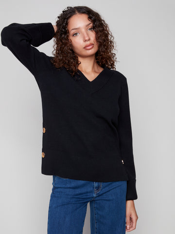 CHARLIE B C2852 SOLID WIDE CUFF V-NECK SWEATER
