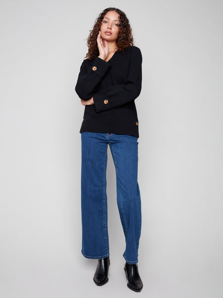 CHARLIE B C2852 SOLID WIDE CUFF V-NECK SWEATER