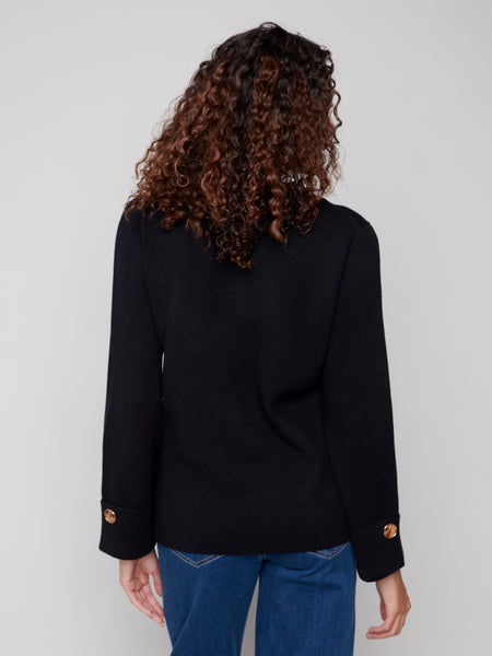 CHARLIE B C2852 SOLID WIDE CUFF V-NECK SWEATER