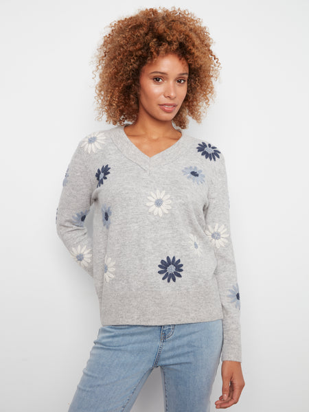 CHARLIE B C2853R V-NECK EMBROIDERED SWEATER