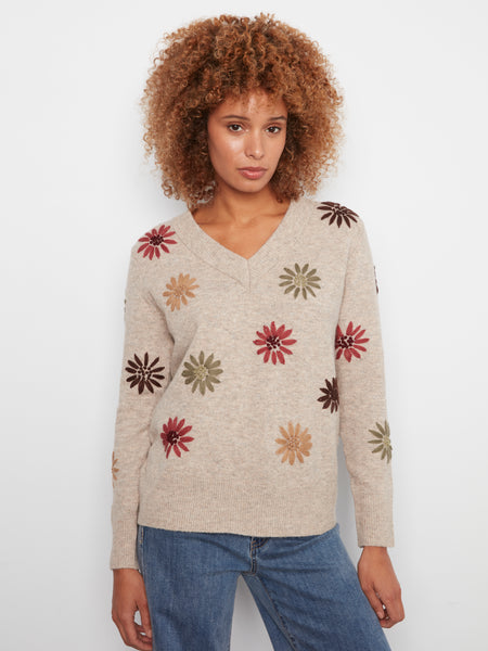 CHARLIE B C2853R V-NECK EMBROIDERED SWEATER
