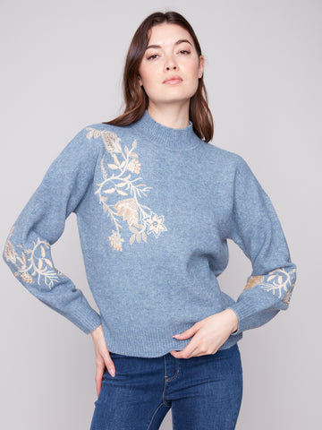 CHARLIE B C2856 MOCK-NECK SWEATER WITH SEQUINS DETAIL 2 COLOURS