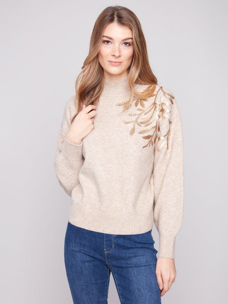 CHARLIE B C2856 MOCK-NECK SWEATER WITH SEQUINS DETAIL 2 COLOURS