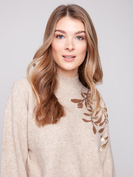 CHARLIE B C2856 MOCK-NECK SWEATER WITH SEQUINS DETAIL 2 COLOURS