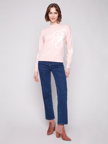CHARLIE B C2857 CREW NECK SWEATER WITH SOUTACHE DETAIL