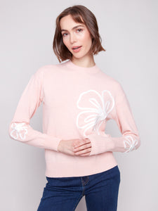 CHARLIE B C2857 CREW NECK SWEATER WITH SOUTACHE DETAIL
