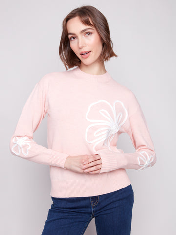 CHARLIE B C2857 CREW NECK SWEATER WITH SOUTACHE DETAIL
