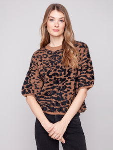 CHARLIE B C2858P HAIRY JACQUARD KNIT ELBOW SLEEVE BALLOON SHAPE SWEATER