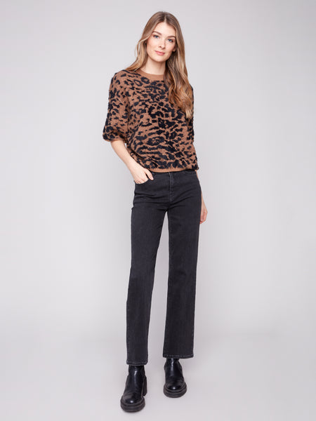 CHARLIE B C2858P HAIRY JACQUARD KNIT ELBOW SLEEVE BALLOON SHAPE SWEATER