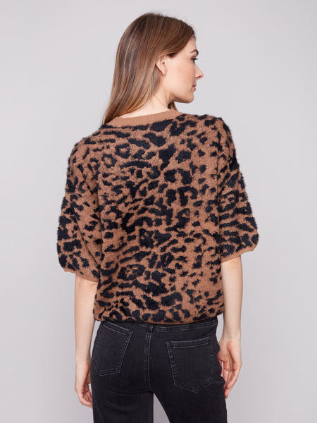 CHARLIE B C2858P HAIRY JACQUARD KNIT ELBOW SLEEVE BALLOON SHAPE SWEATER