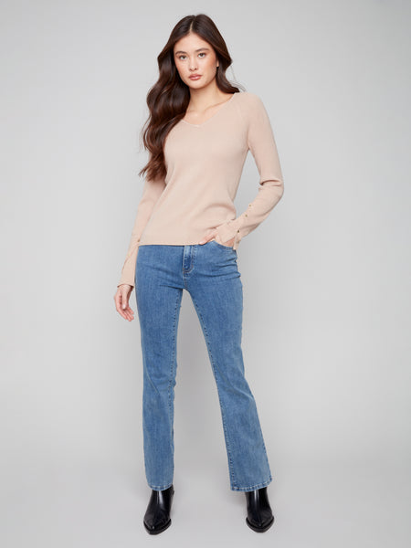 CHARLIE B C2860 V-NECK RIBBED SWEATER