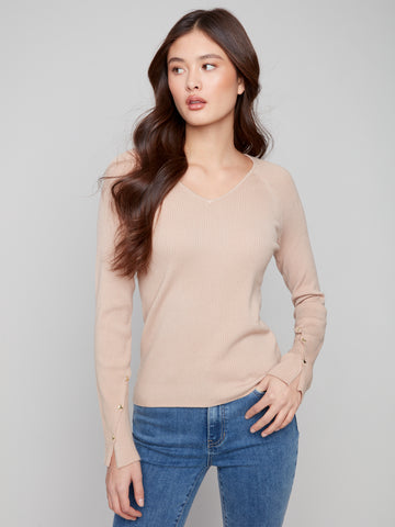 CHARLIE B C2860 V-NECK RIBBED SWEATER