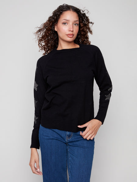 CHARLIE B C2862 RAGLAN CREW NECK SWEATER WITH STUDS DETAIL ON SLEEVES