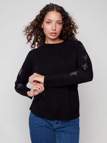 CHARLIE B C2862 RAGLAN CREW NECK SWEATER WITH STUDS DETAIL ON SLEEVES