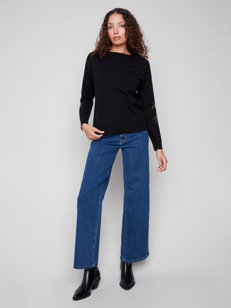 CHARLIE B C2862 RAGLAN CREW NECK SWEATER WITH STUDS DETAIL ON SLEEVES
