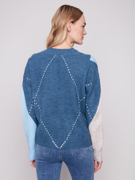 CHARLIE B C2863 V-NECK ARGYLE JACQUARD SWEATER