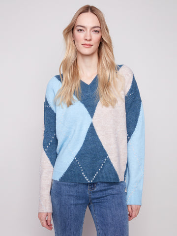 CHARLIE B C2863 V-NECK ARGYLE JACQUARD SWEATER