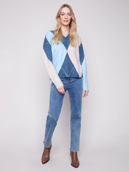 CHARLIE B C2863 V-NECK ARGYLE JACQUARD SWEATER