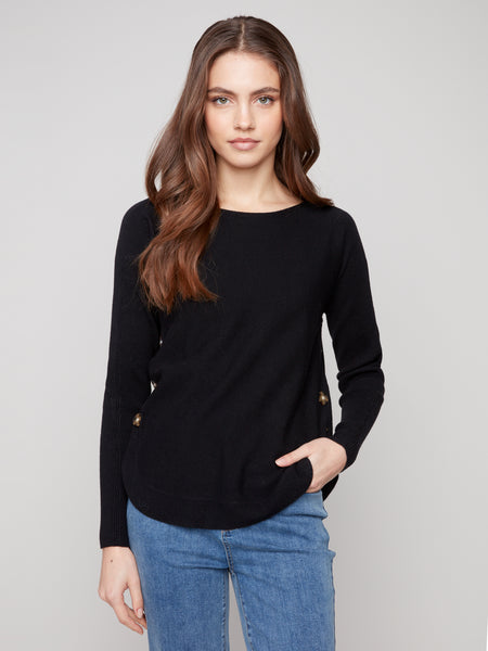 CHARLIE B C2871 BOAT NECK SWEATER WITH SIDE BUTTONS DETAIL- 3 COLOURS