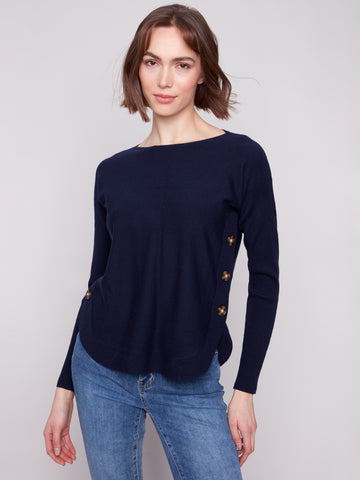 CHARLIE B C2871 BOAT NECK SWEATER WITH SIDE BUTTONS DETAIL- 3 COLOURS