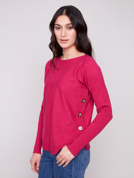 CHARLIE B C2871 BOAT NECK SWEATER WITH SIDE BUTTONS DETAIL- 3 COLOURS