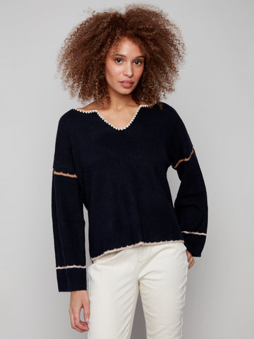 CHARLIE B C2879 NOTCHED NECK RIB EMBROIDERED SWEATER