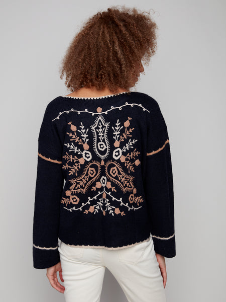 CHARLIE B C2879 NOTCHED NECK RIB EMBROIDERED SWEATER