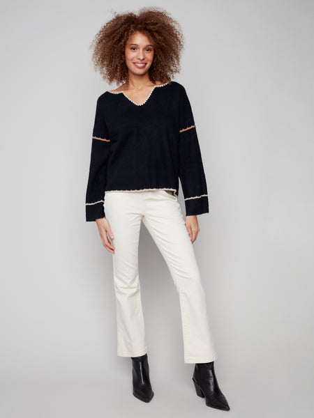 CHARLIE B C2879 NOTCHED NECK RIB EMBROIDERED SWEATER