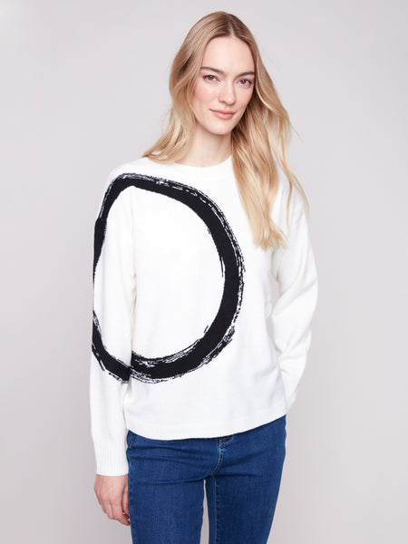 CHARLIE B C2882 PLACED JACQUARD CREW NECK SWEATER