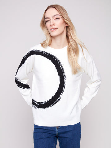 CHARLIE B C2882 PLACED JACQUARD CREW NECK SWEATER