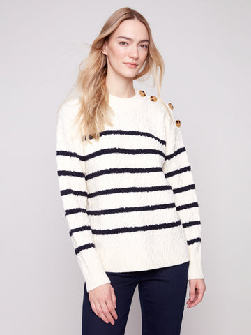 CHARLIE B C2885 CABLES AND STRIPES SWEATER