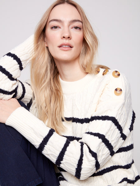 CHARLIE B C2885 CABLES AND STRIPES SWEATER