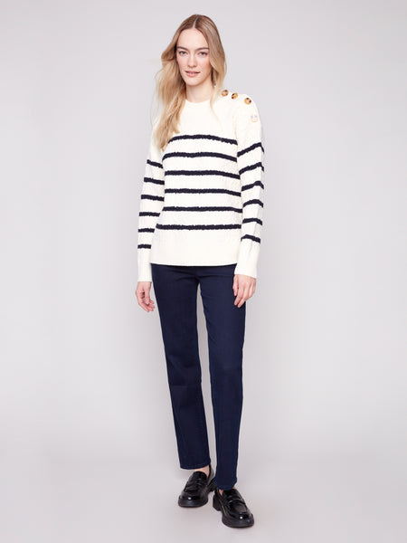 CHARLIE B C2885 CABLES AND STRIPES SWEATER
