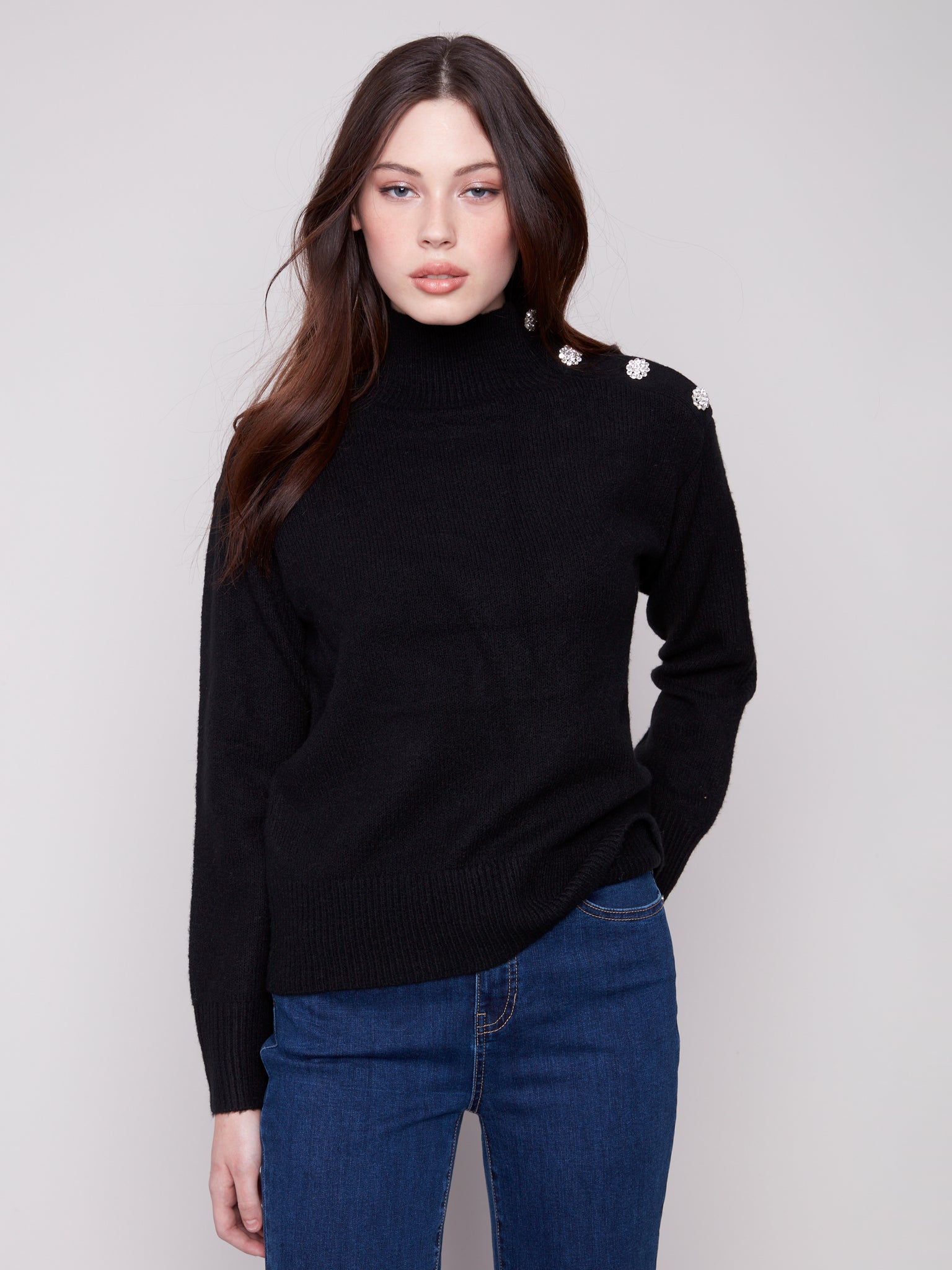CHARLIE B C2888 MOCK NECCK SWEATER WITH FANCY BUTTON AT NECK