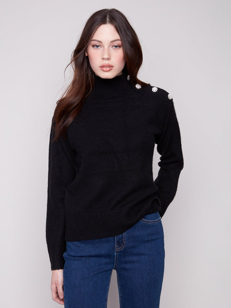 CHARLIE B C2888 MOCK NECCK SWEATER WITH FANCY BUTTON AT NECK