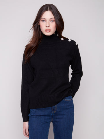 CHARLIE B C2888 MOCK NECCK SWEATER WITH FANCY BUTTON AT NECK