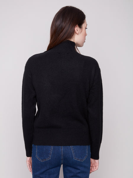 CHARLIE B C2888 MOCK NECCK SWEATER WITH FANCY BUTTON AT NECK
